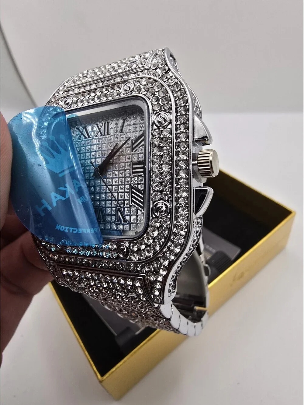 Mens Silver Tone Iced Out Square Watch Roman Dial Crystal Bezel New In Box